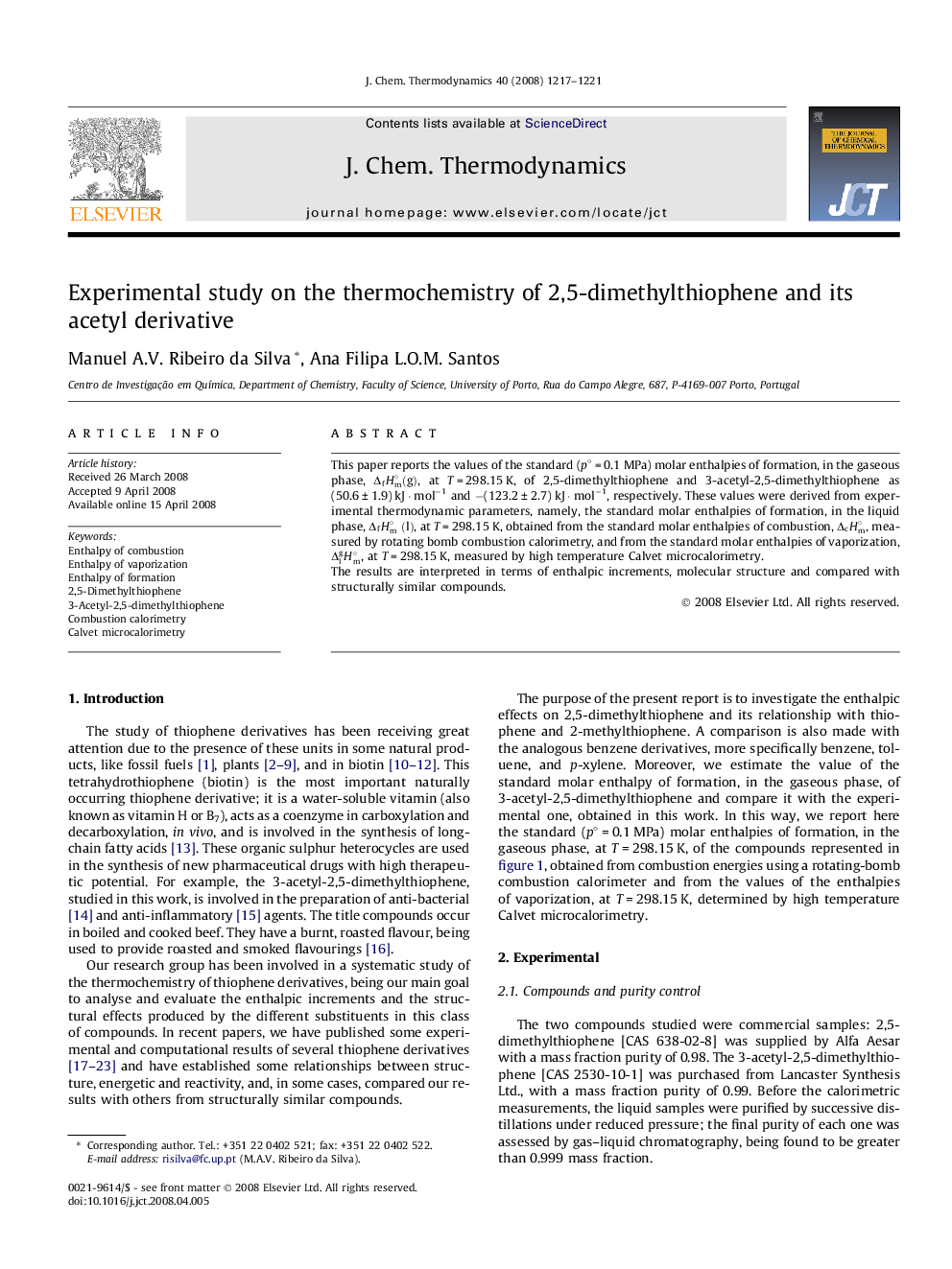 Experimental study on the thermochemistry of 2,5-dimethylthiophene and its acetyl derivative