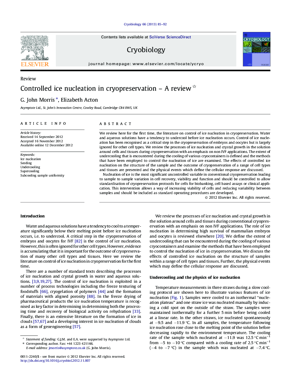 Controlled ice nucleation in cryopreservation – A review 