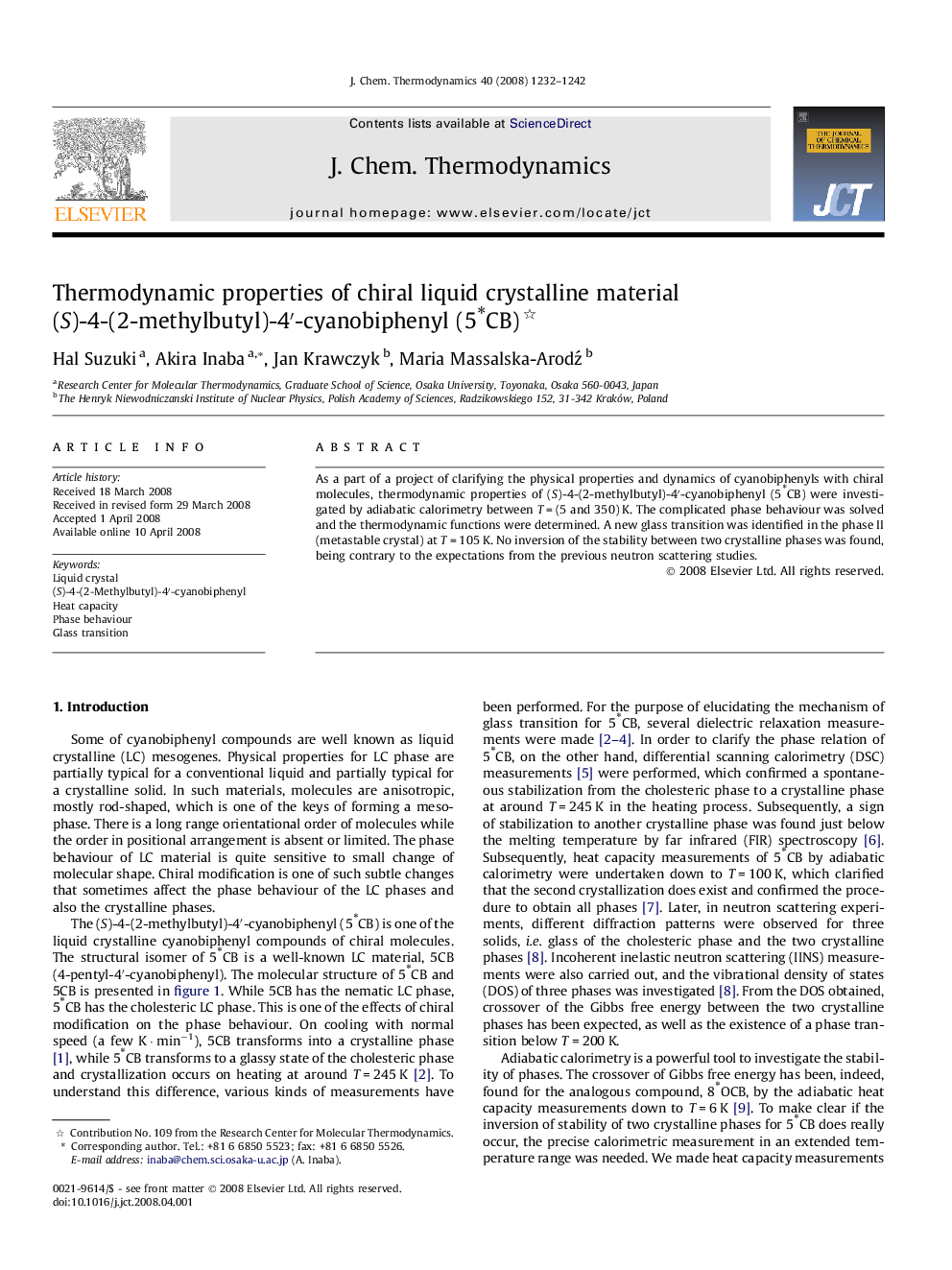 Thermodynamic properties of chiral liquid crystalline material (S)-4-(2-methylbutyl)-4′-cyanobiphenyl (5∗CB) 