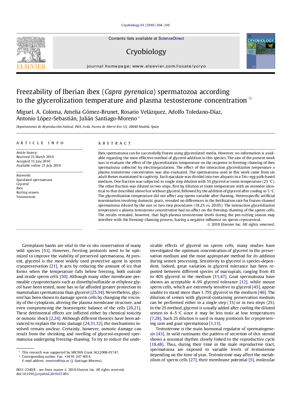 Freezability of Iberian ibex (Capra pyrenaica) spermatozoa according to the glycerolization temperature and plasma testosterone concentration 