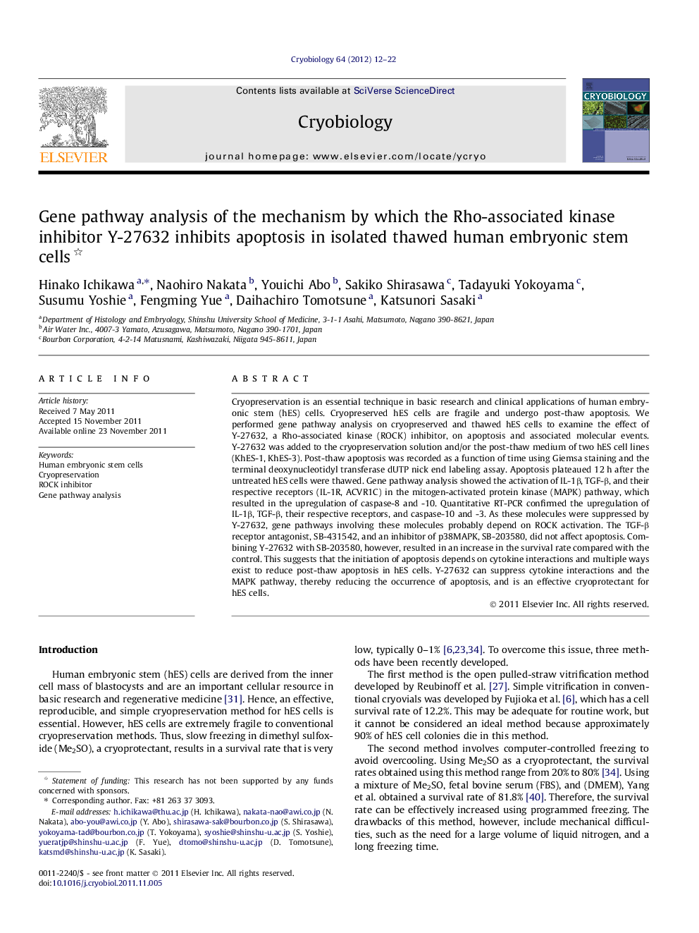 Gene pathway analysis of the mechanism by which the Rho-associated kinase inhibitor Y-27632 inhibits apoptosis in isolated thawed human embryonic stem cells 