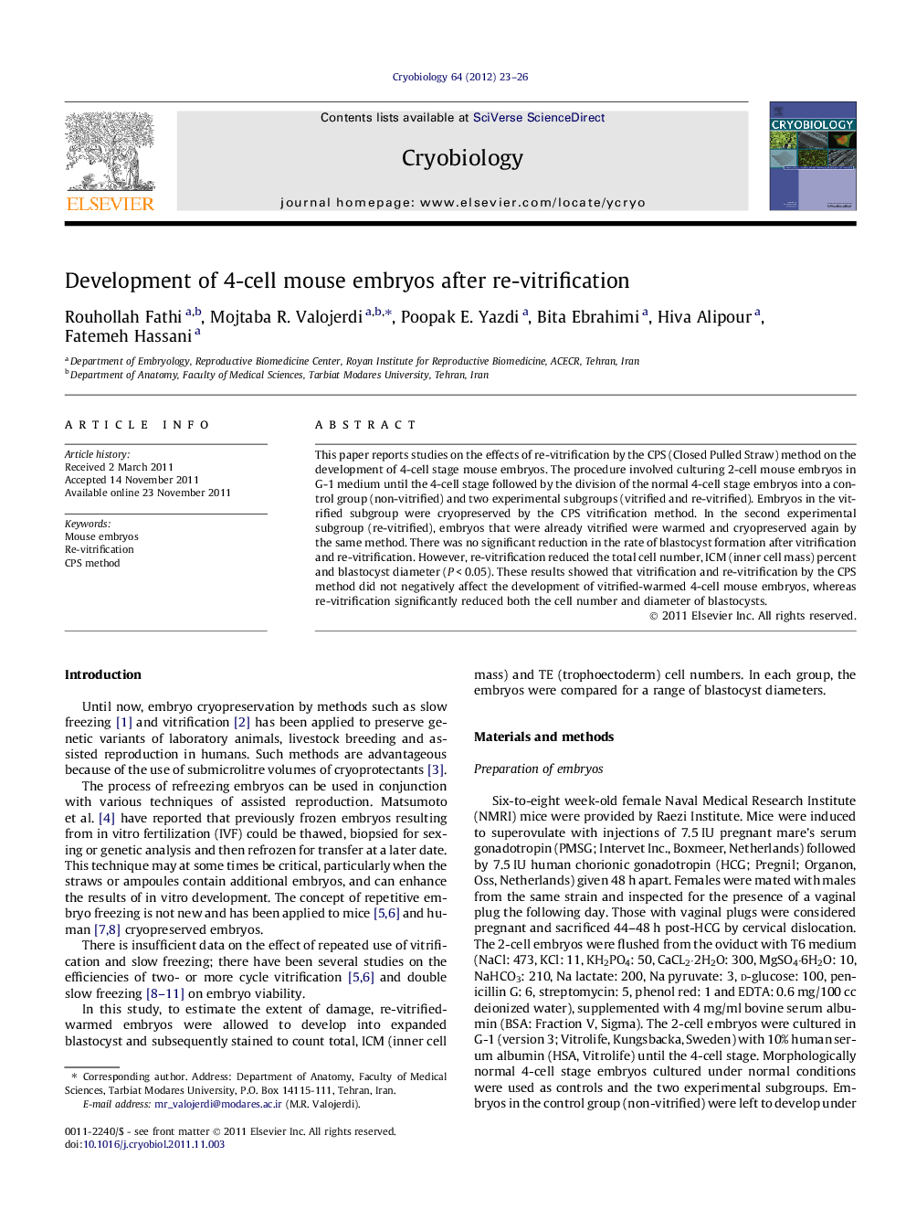 Development of 4-cell mouse embryos after re-vitrification