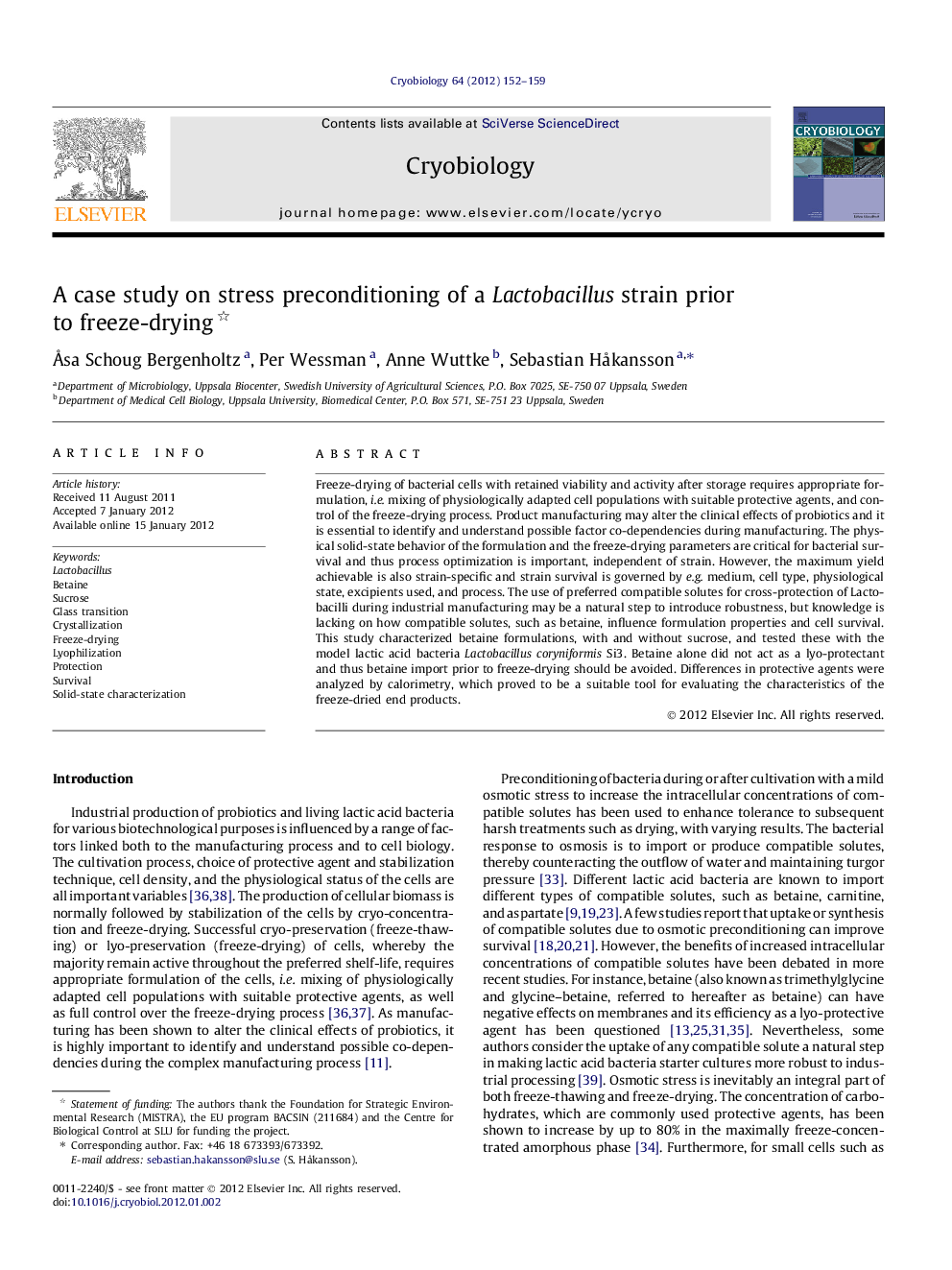 عکس صفحه اول مقاله: A case study on stress preconditioning of a Lactobacillus strain prior to freeze-drying A case study on stress preconditioning of a Lactobacillus strain prior to freeze-drying