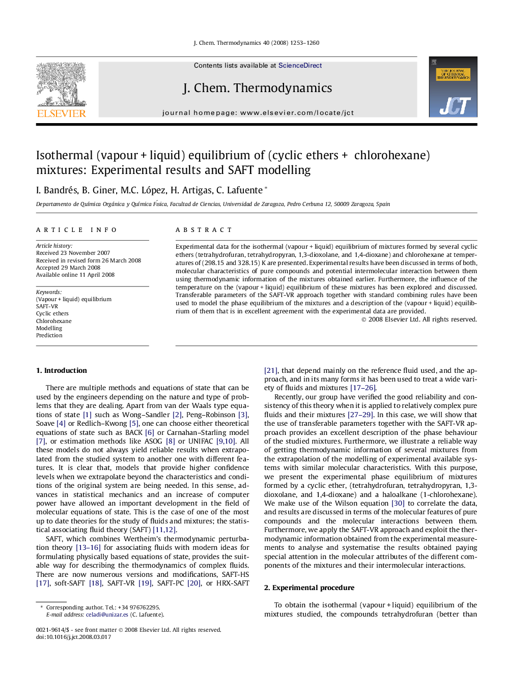 Isothermal (vapour + liquid) equilibrium of (cyclic ethers +  chlorohexane) mixtures: Experimental results and SAFT modelling