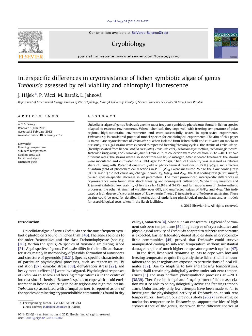 Interspecific differences in cryoresistance of lichen symbiotic algae of genus Trebouxia assessed by cell viability and chlorophyll fluorescence