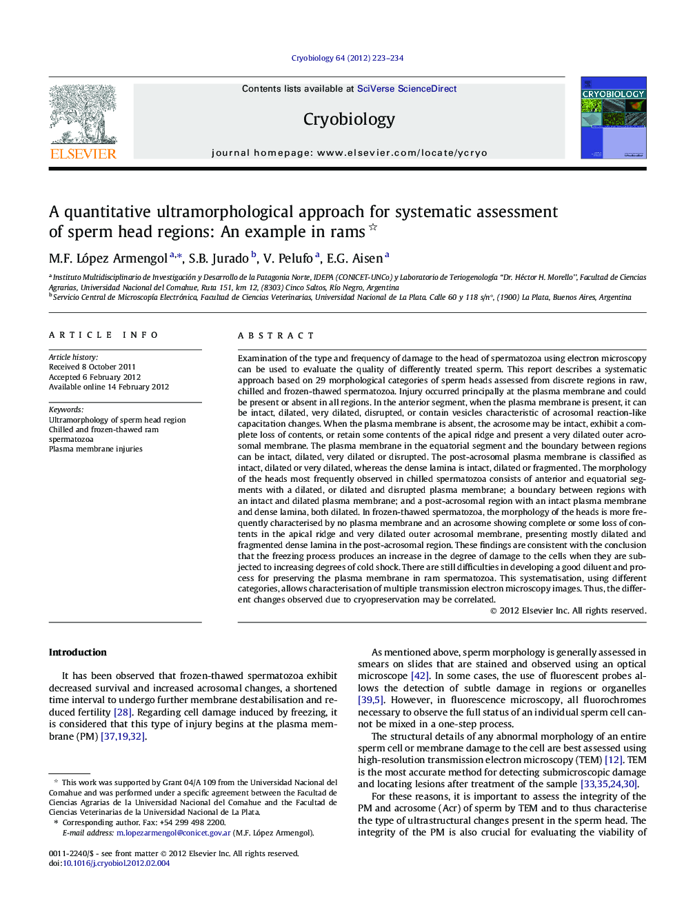 عکس صفحه اول مقاله: A quantitative ultramorphological approach for systematic assessment of sperm head regions: An example in rams A quantitative ultramorphological approach for systematic assessment of sperm head regions: An example in rams