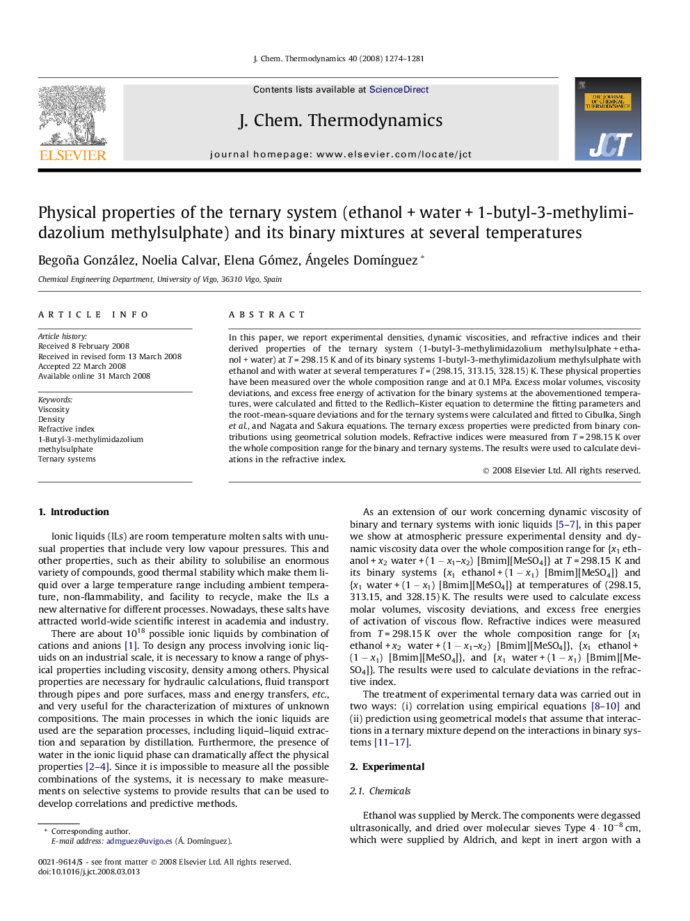 عکس صفحه اول مقاله: Physical properties of the ternary system (ethanol + water + 1-butyl-3-methylimidazolium methylsulphate) and its binary mixtures at several temperatures Physical properties of the ternary system (ethanol + water + 1-butyl-3-methylimidazolium methylsulphate) and its binary mixtures at several temperatures