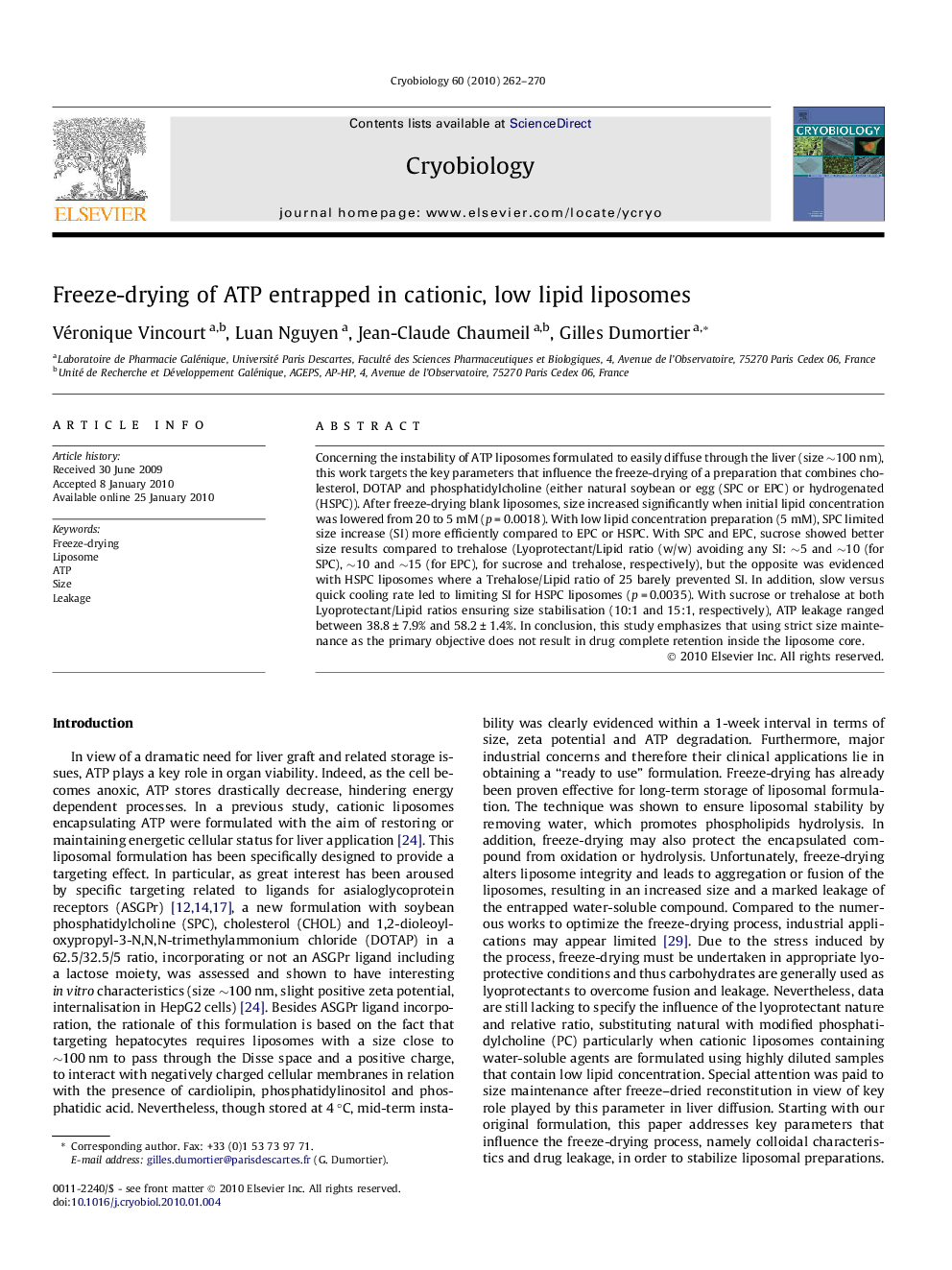 Freeze-drying of ATP entrapped in cationic, low lipid liposomes