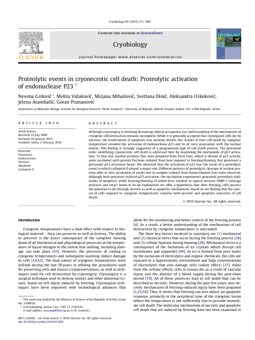 Proteolytic events in cryonecrotic cell death: Proteolytic activation of endonuclease P23 