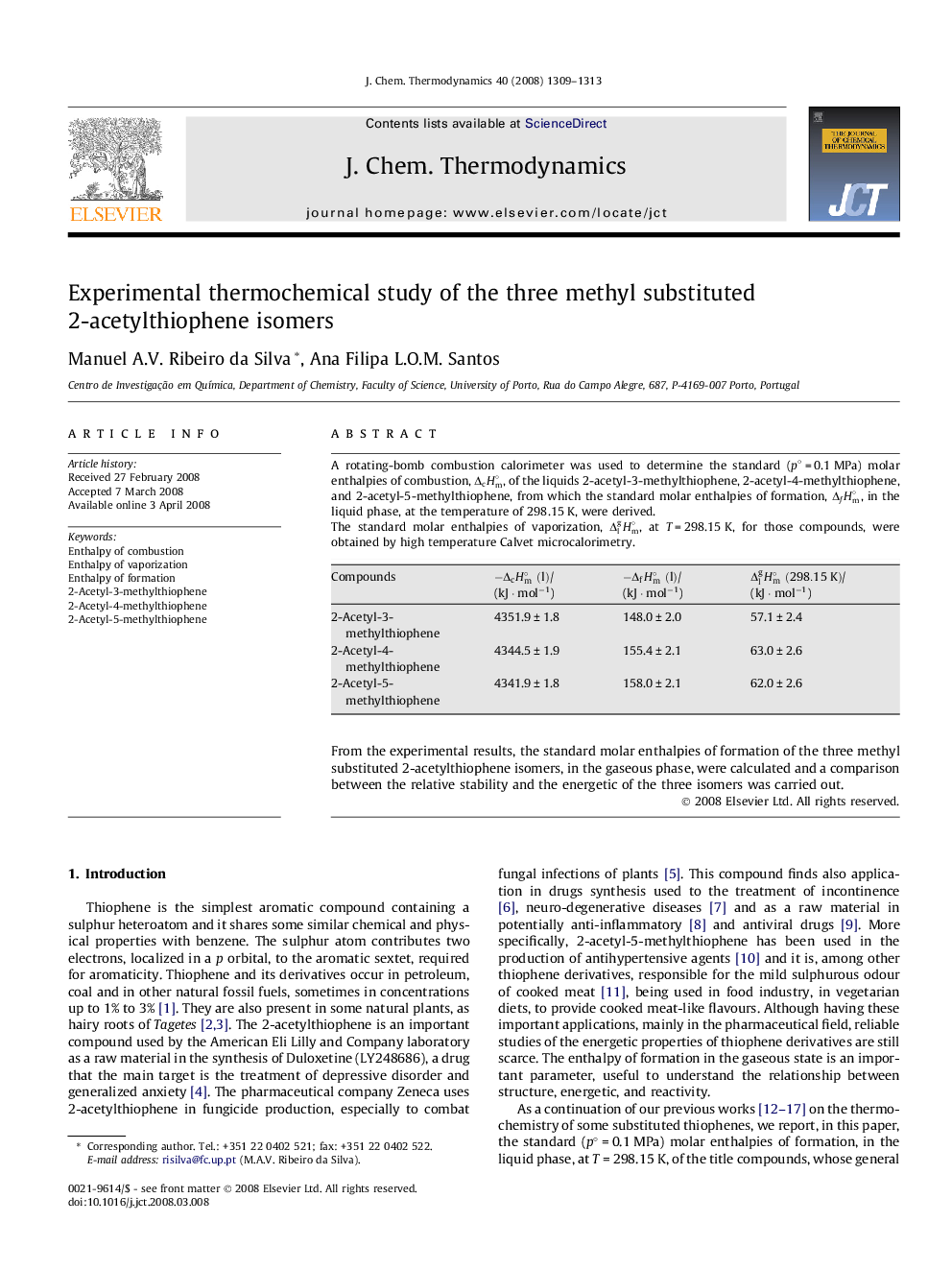 Experimental thermochemical study of the three methyl substituted 2-acetylthiophene isomers