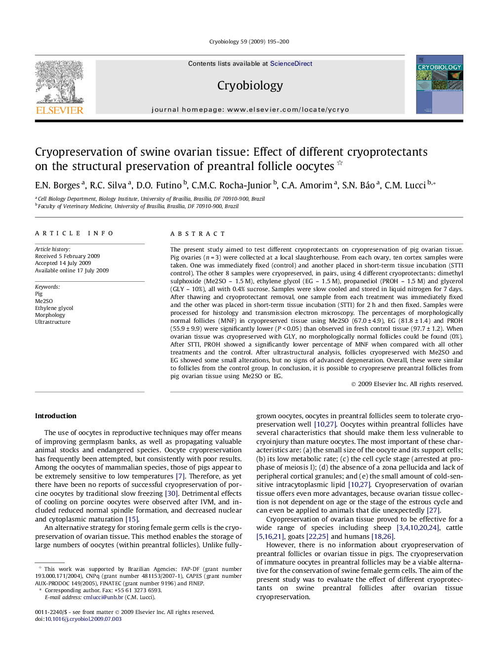 Cryopreservation of swine ovarian tissue: Effect of different cryoprotectants on the structural preservation of preantral follicle oocytes 