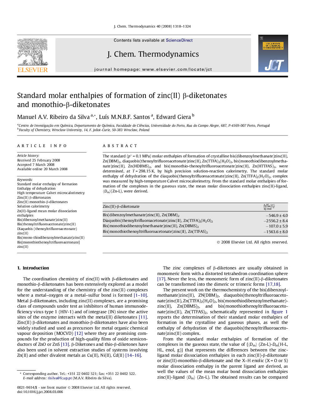 Standard molar enthalpies of formation of zinc(II) β-diketonates and monothio-β-diketonates
