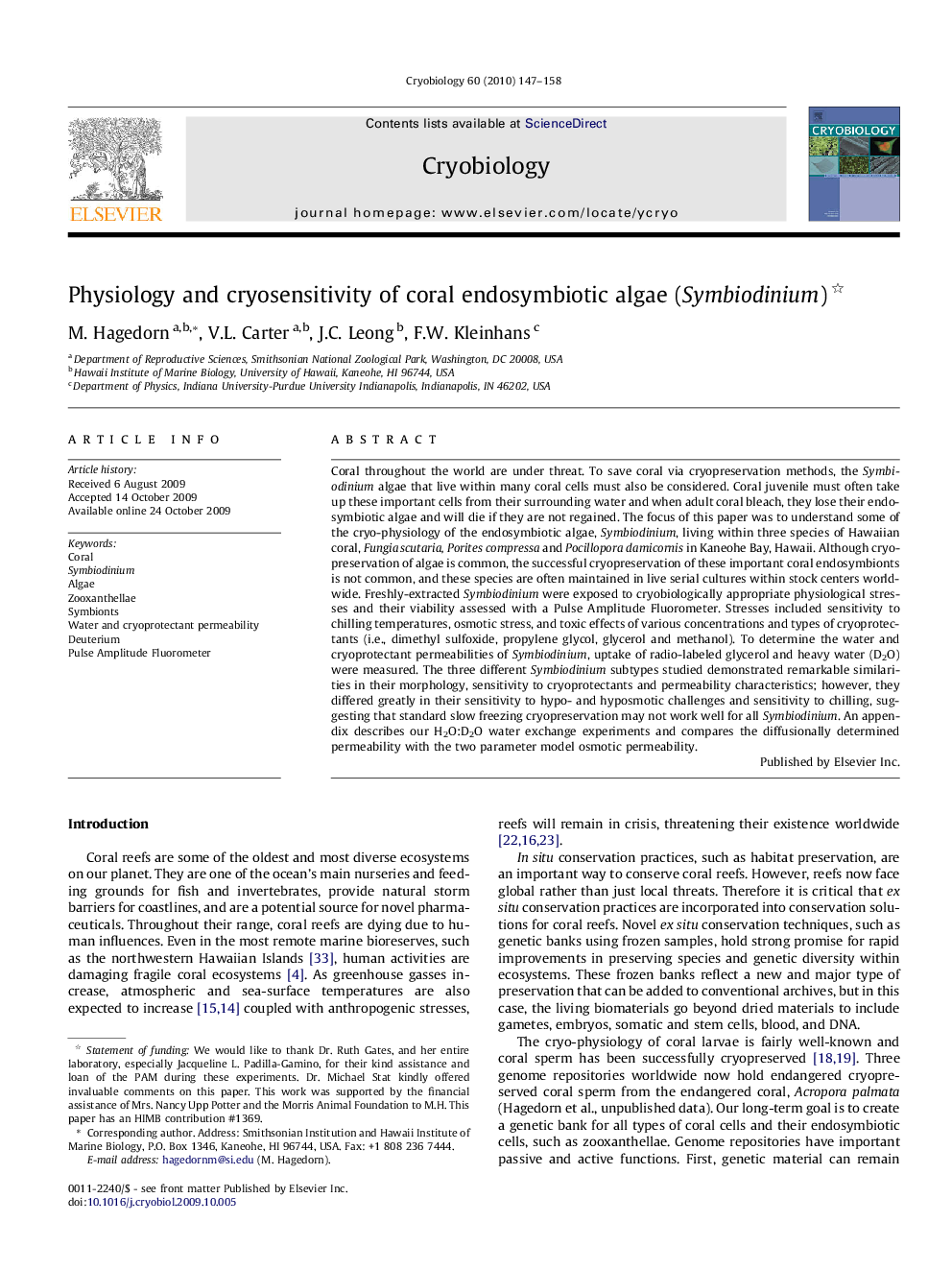 Physiology and cryosensitivity of coral endosymbiotic algae (Symbiodinium) 