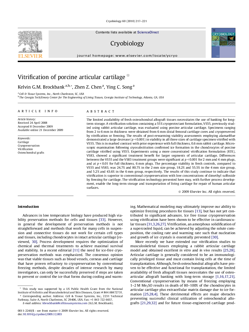 Vitrification of porcine articular cartilage 