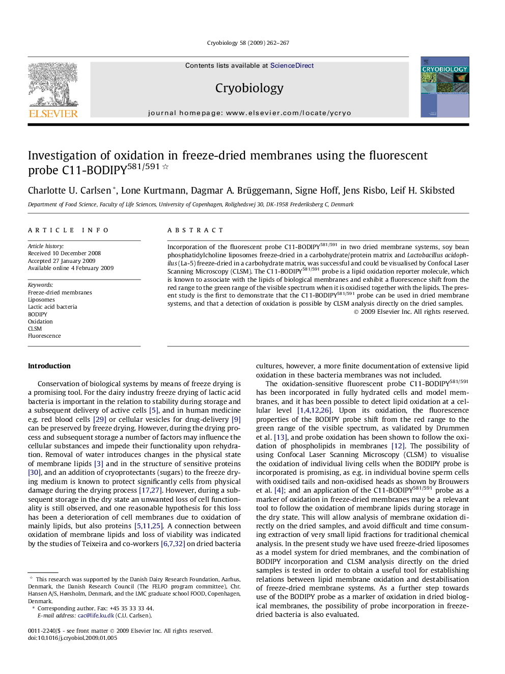 Investigation of oxidation in freeze-dried membranes using the fluorescent probe C11-BODIPY581/591