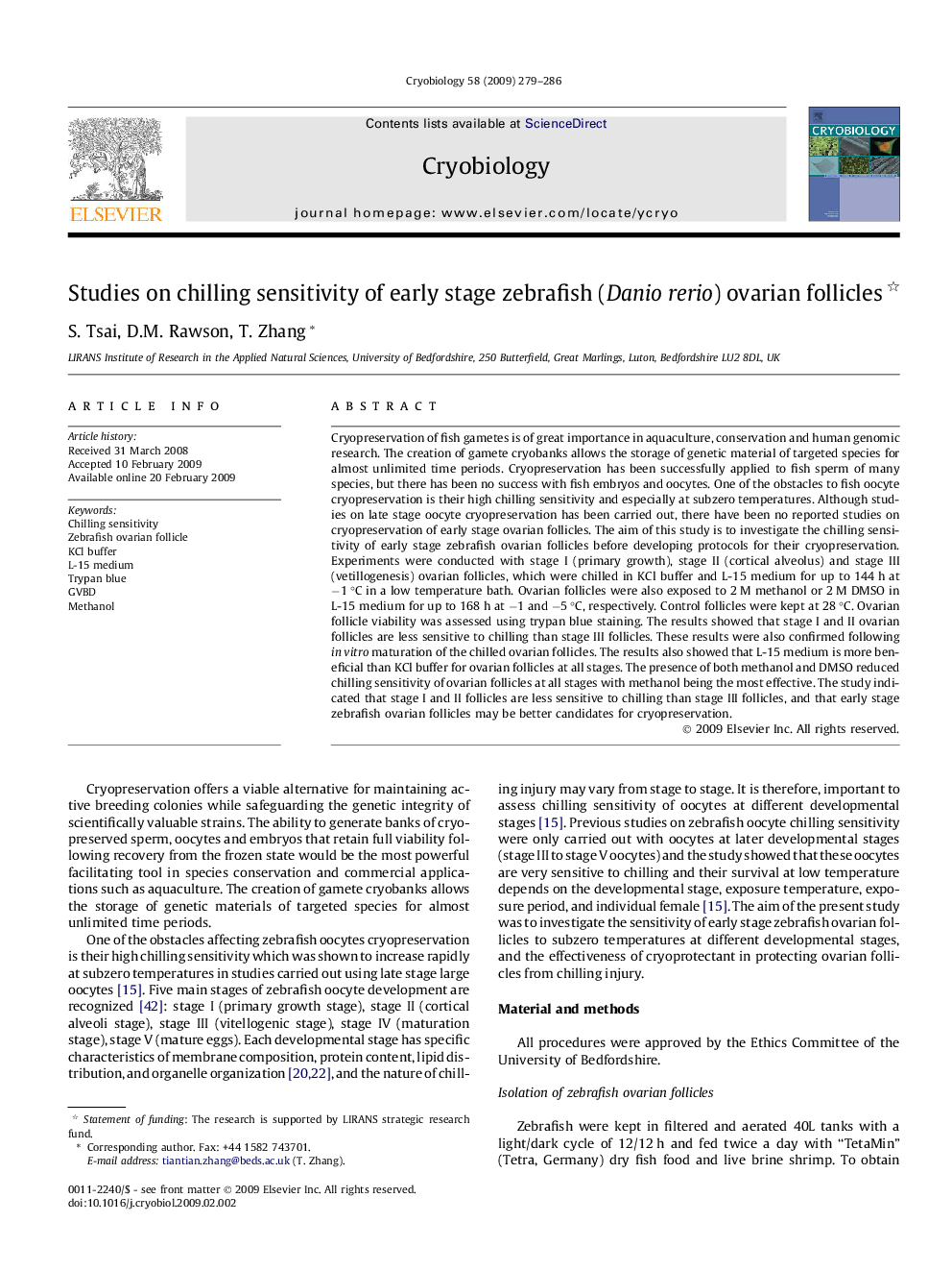 Studies on chilling sensitivity of early stage zebrafish (Danio rerio) ovarian follicles 