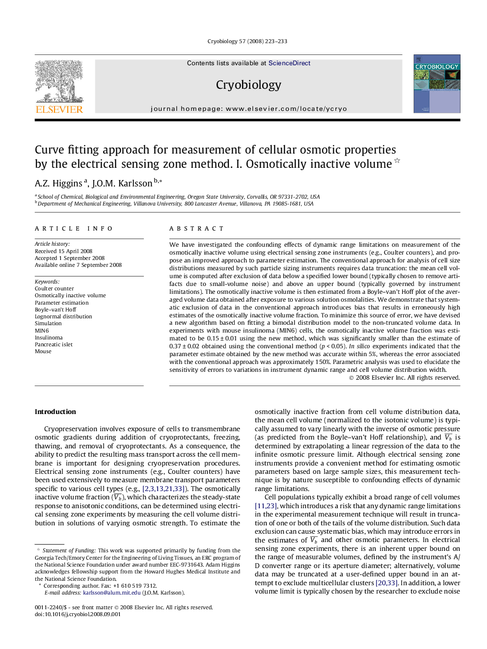 Curve fitting approach for measurement of cellular osmotic properties by the electrical sensing zone method. I. Osmotically inactive volume 