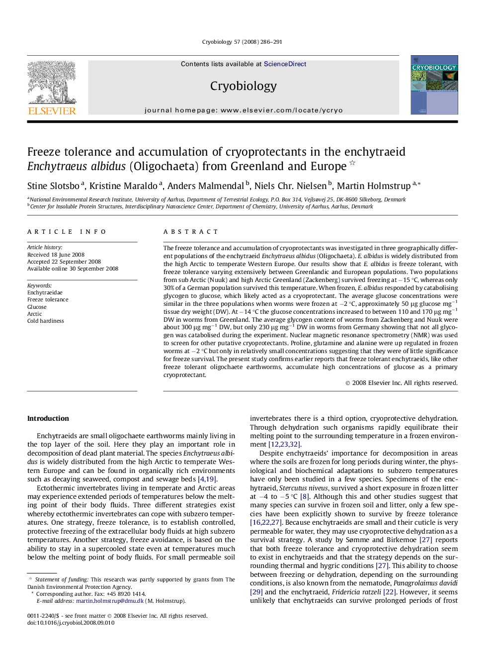 Freeze tolerance and accumulation of cryoprotectants in the enchytraeid Enchytraeus albidus (Oligochaeta) from Greenland and Europe 