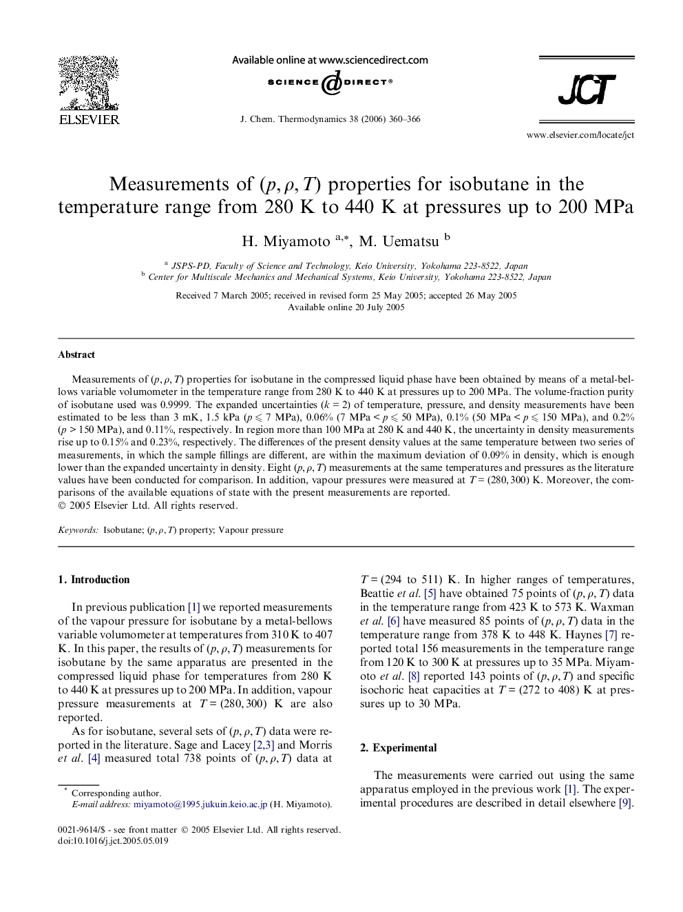 عکس صفحه اول مقاله: Measurements of (p, ρ, T) properties for isobutane in the temperature range from 280 K to 440 K at pressures up to 200 MPa Measurements of (p, ρ, T) properties for isobutane in the temperature range from 280 K to 440 K at pressures up to 200 MPa