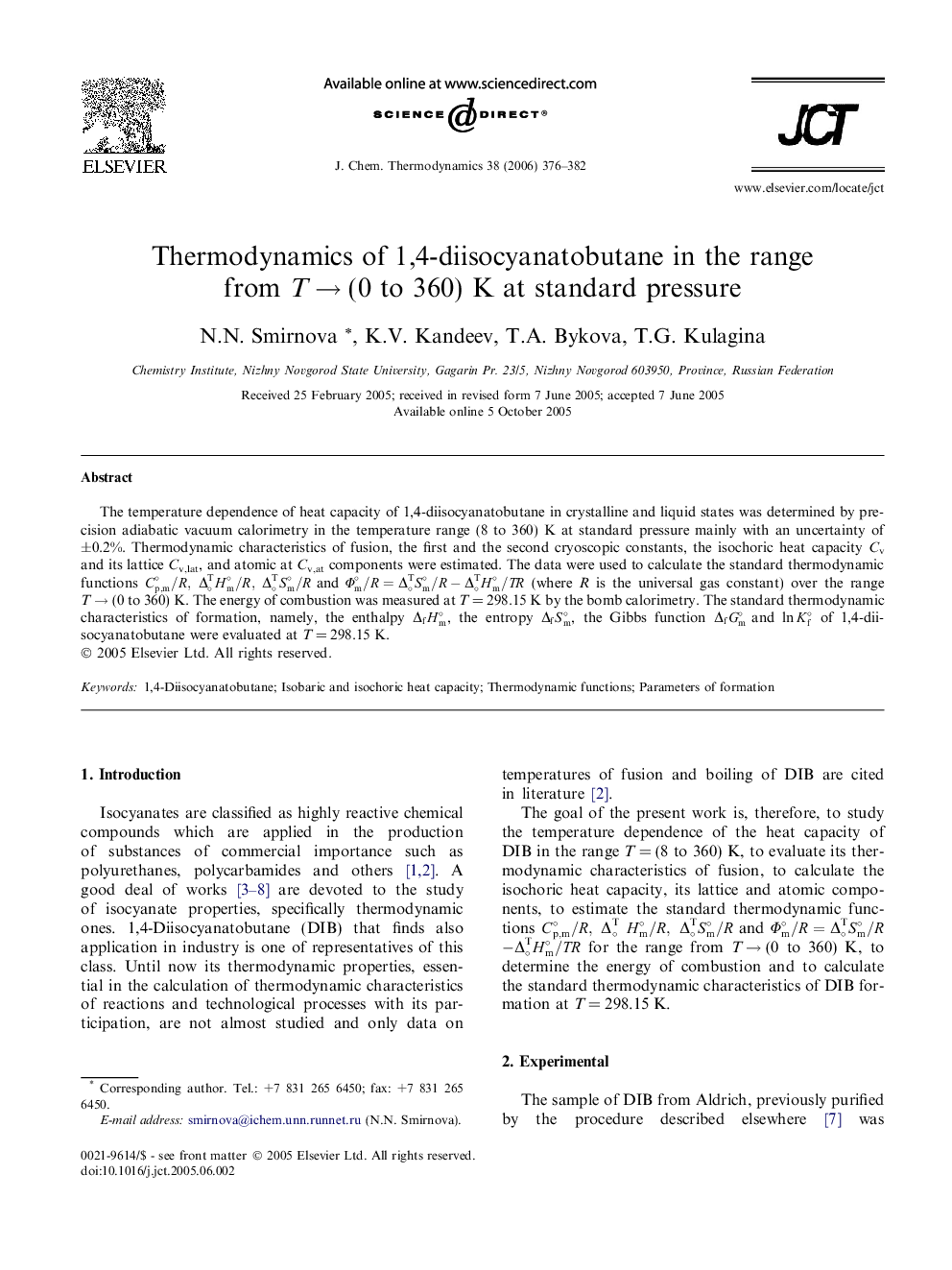 Thermodynamics of 1,4-diisocyanatobutane in the range from T → (0 to 360) K at standard pressure