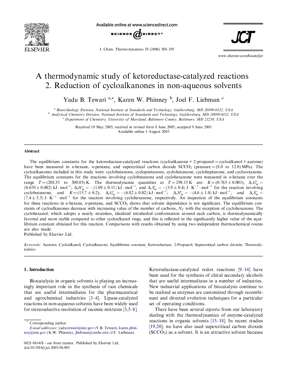 عکس صفحه اول مقاله: A thermodynamic study of ketoreductase-catalyzed reactions 2. Reduction of cycloalkanones in non-aqueous solvents A thermodynamic study of ketoreductase-catalyzed reactions 2. Reduction of cycloalkanones in non-aqueous solvents