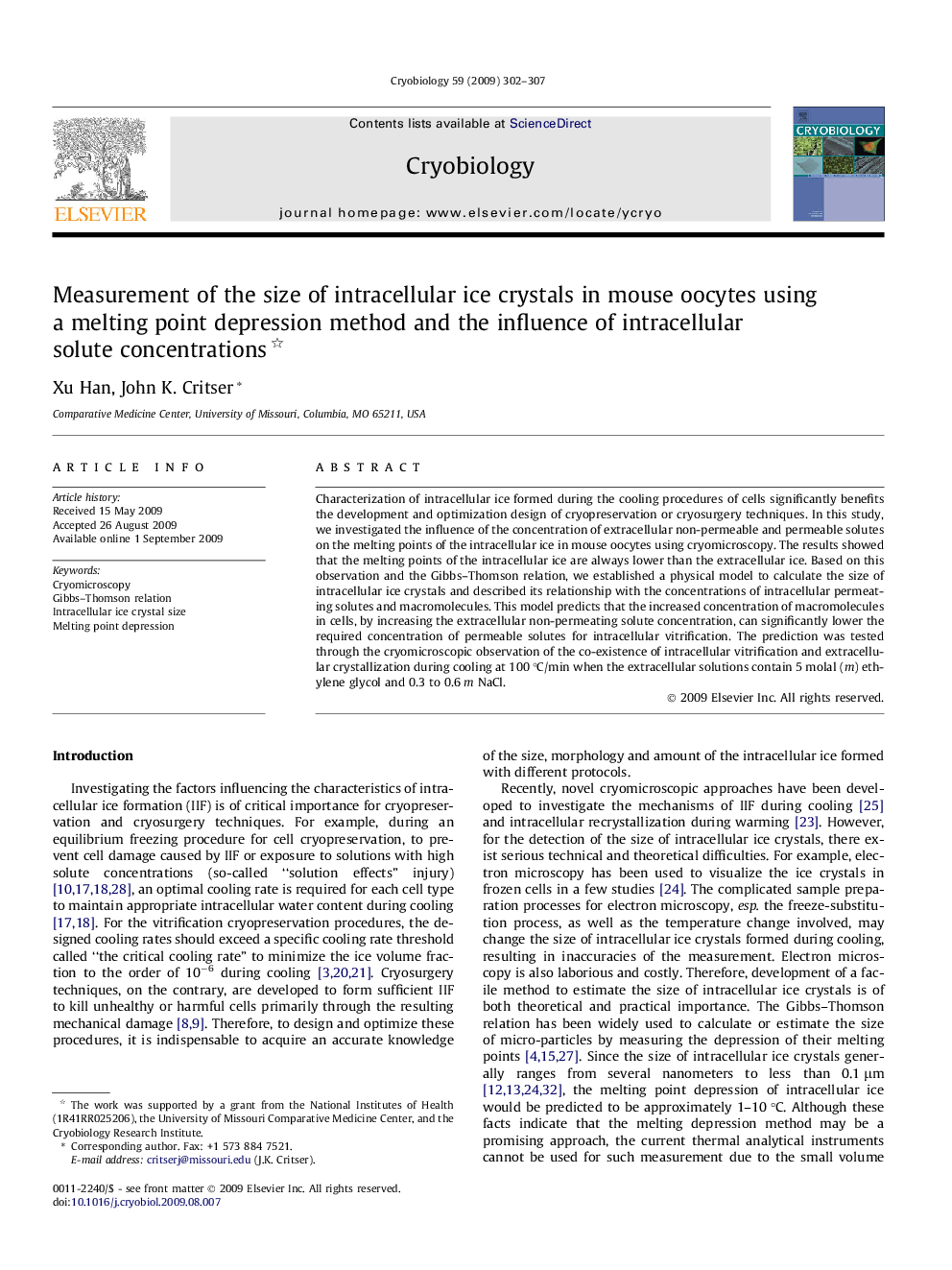 Measurement of the size of intracellular ice crystals in mouse oocytes using a melting point depression method and the influence of intracellular solute concentrations