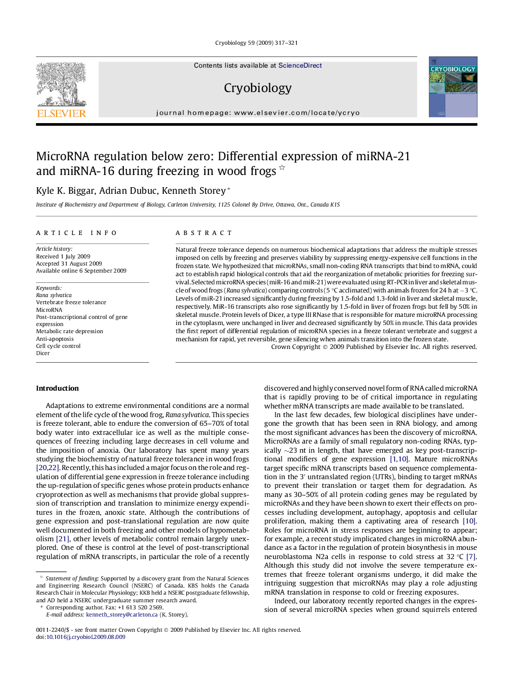 MicroRNA regulation below zero: Differential expression of miRNA-21 and miRNA-16 during freezing in wood frogs 