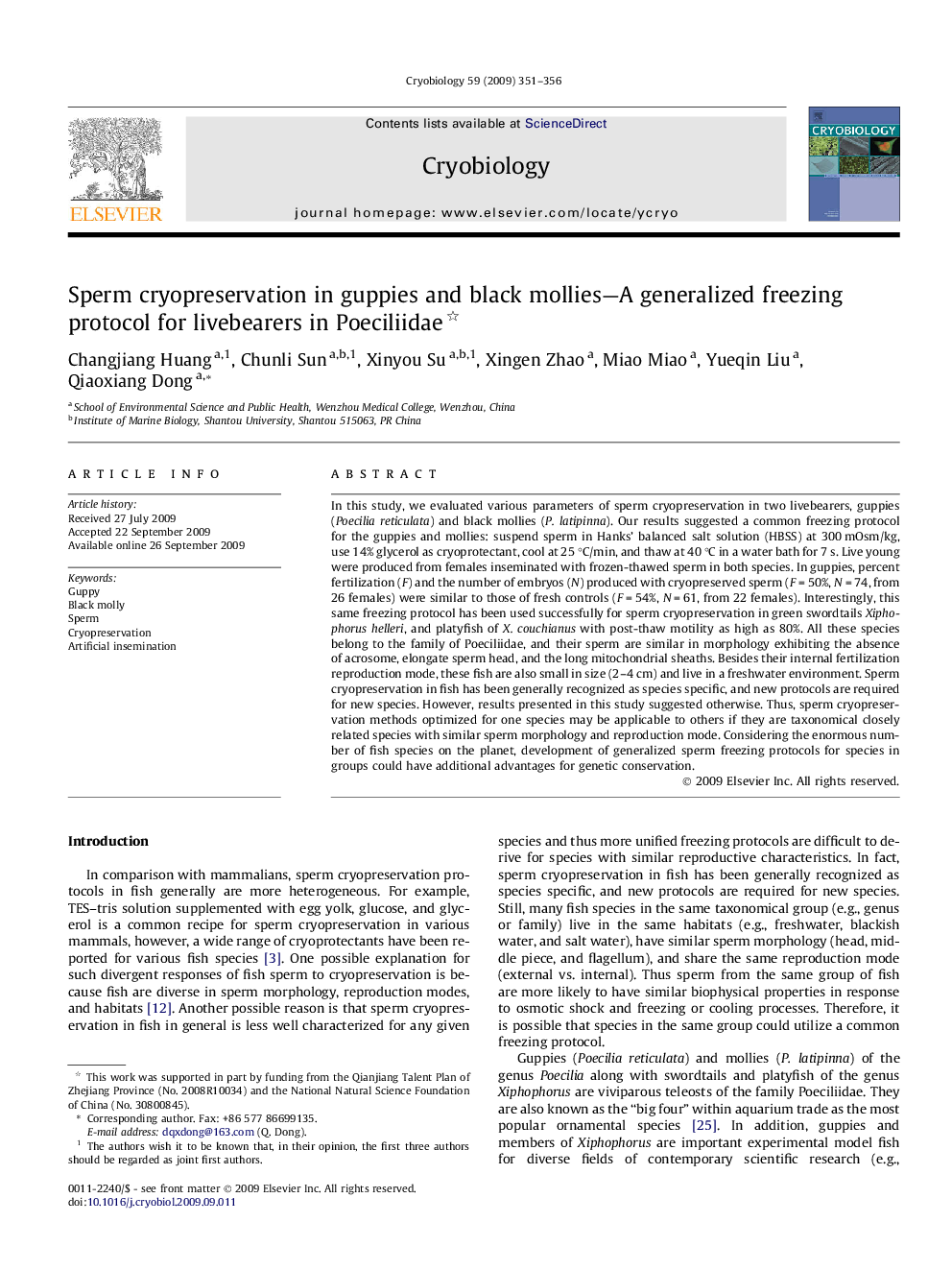 Sperm cryopreservation in guppies and black mollies—A generalized freezing protocol for livebearers in Poeciliidae 