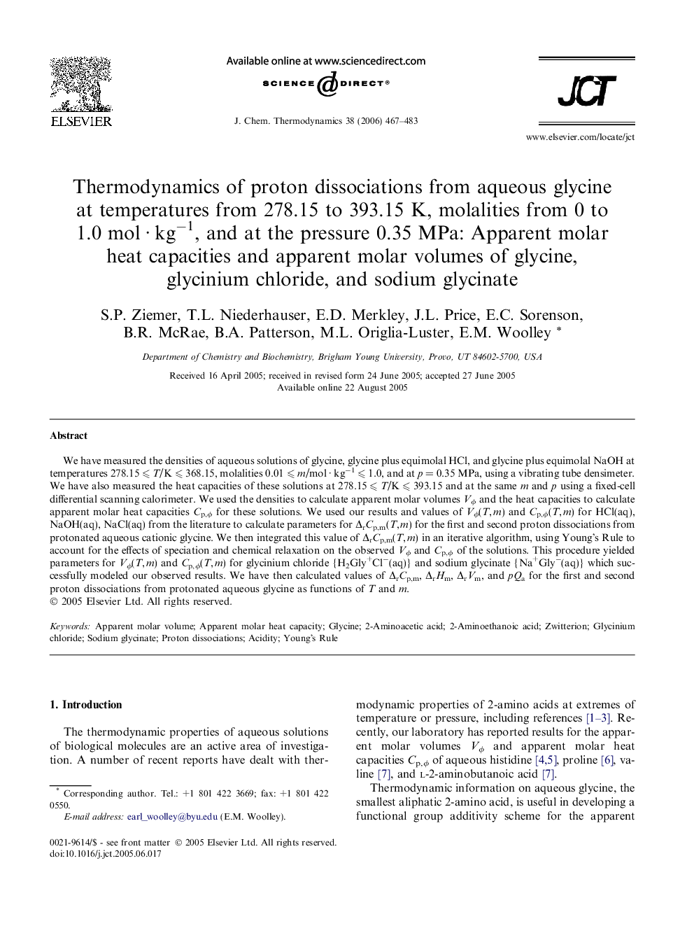 Thermodynamics of proton dissociations from aqueous glycine at temperatures from 278.15 to 393.15 K, molalities from 0 to 1.0 mol · kg−1, and at the pressure 0.35 MPa: Apparent molar heat capacities and apparent molar volumes of glycine, glycinium chlorid