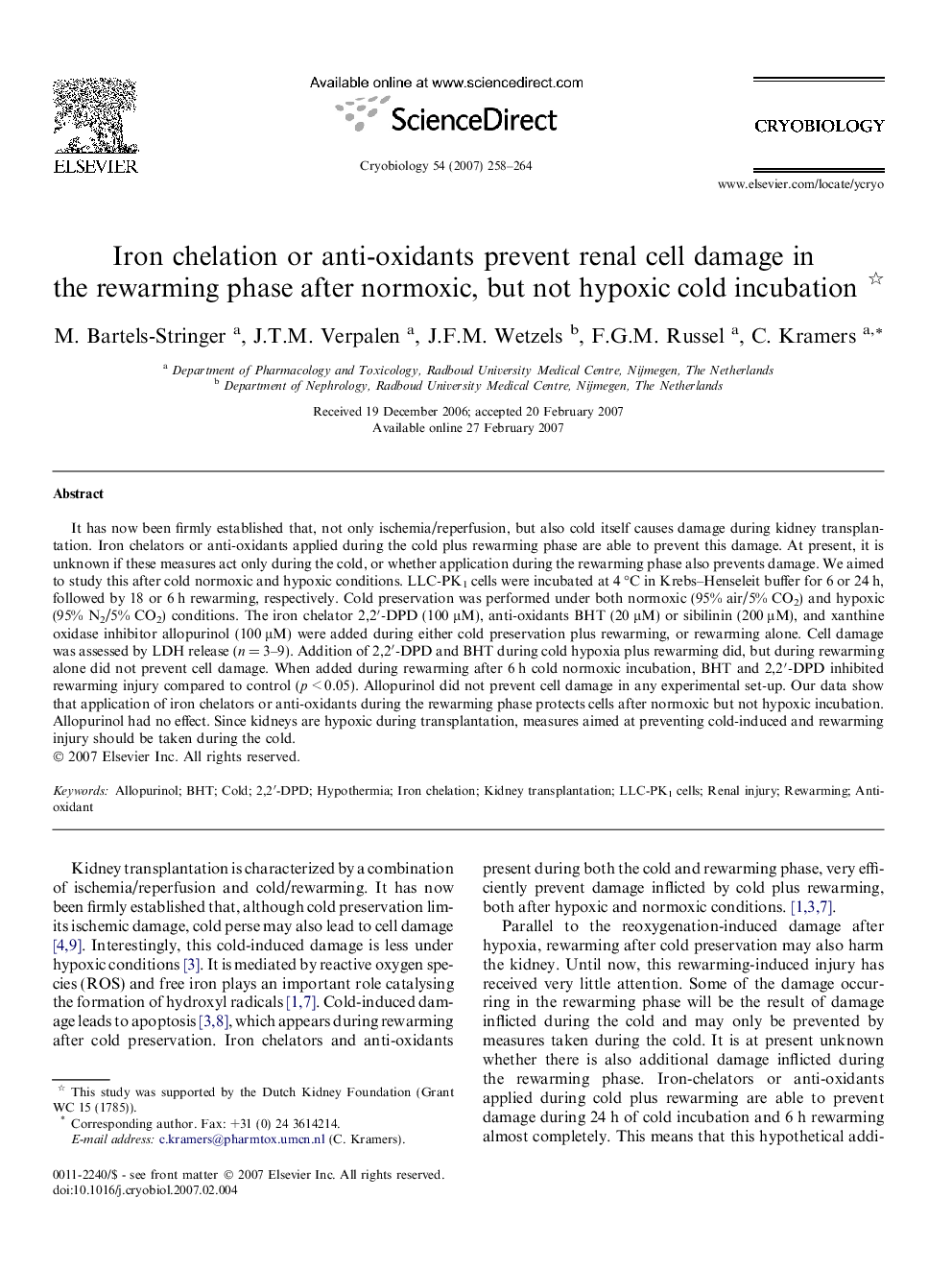 Iron chelation or anti-oxidants prevent renal cell damage in the rewarming phase after normoxic, but not hypoxic cold incubation 