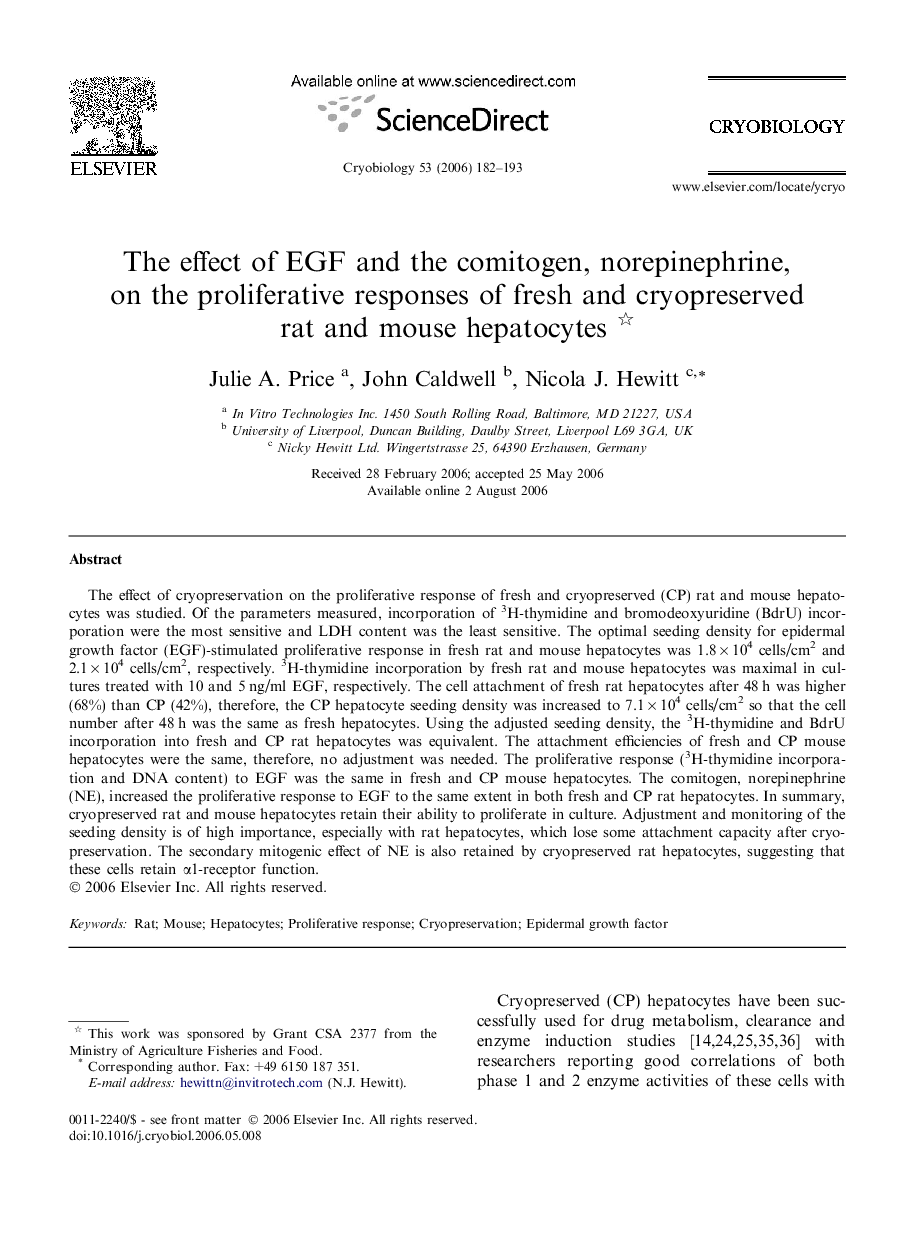 The effect of EGF and the comitogen, norepinephrine, on the proliferative responses of fresh and cryopreserved rat and mouse hepatocytes 