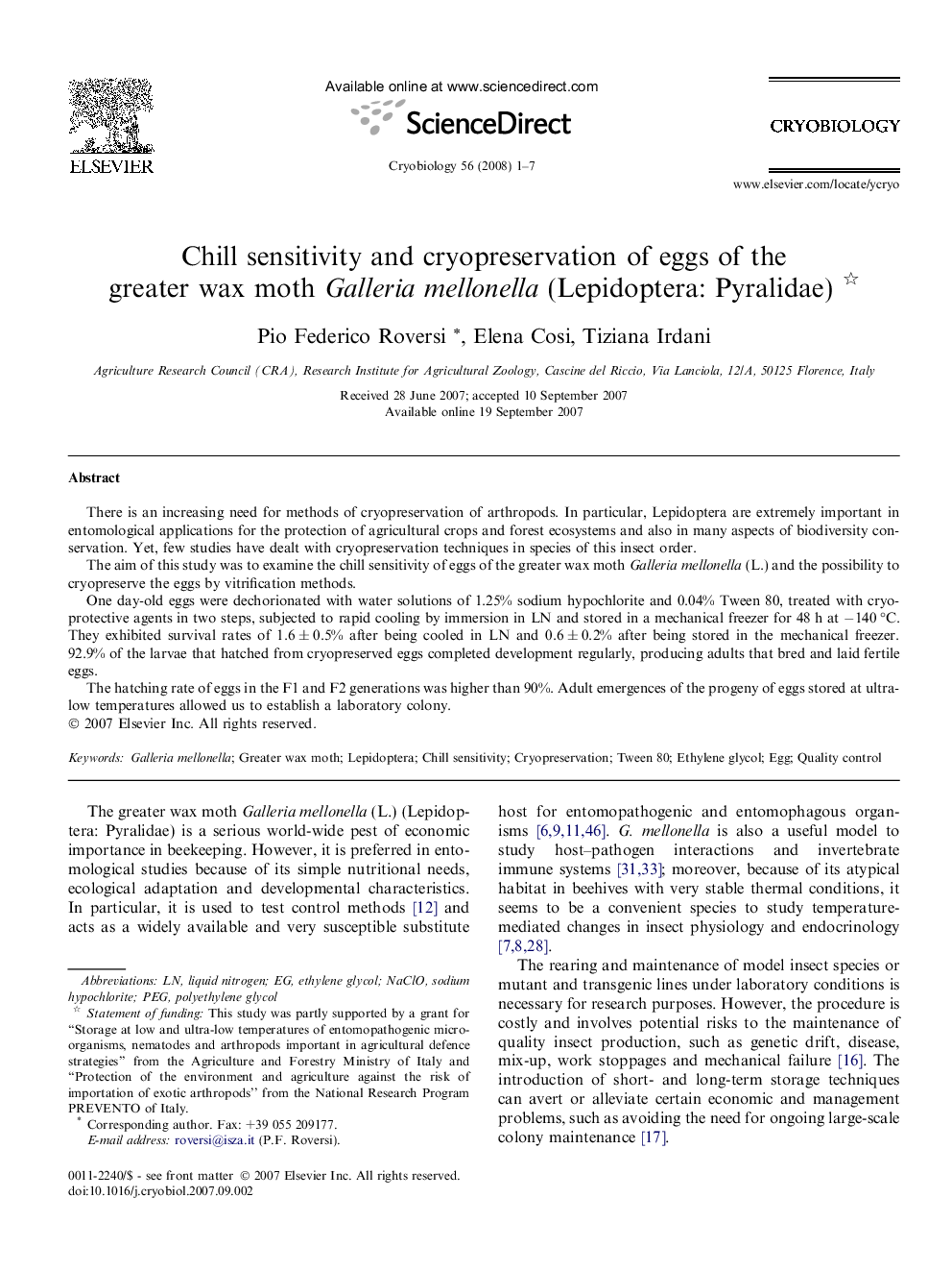 Chill sensitivity and cryopreservation of eggs of the greater wax moth Galleria mellonella (Lepidoptera: Pyralidae) 