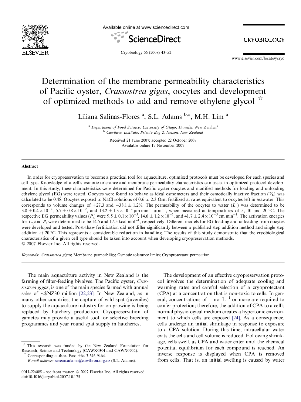 Determination of the membrane permeability characteristics of Pacific oyster, Crassostrea gigas, oocytes and development of optimized methods to add and remove ethylene glycol 