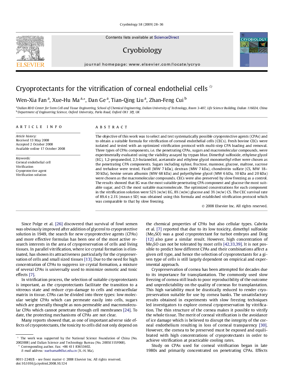 Cryoprotectants for the vitrification of corneal endothelial cells 