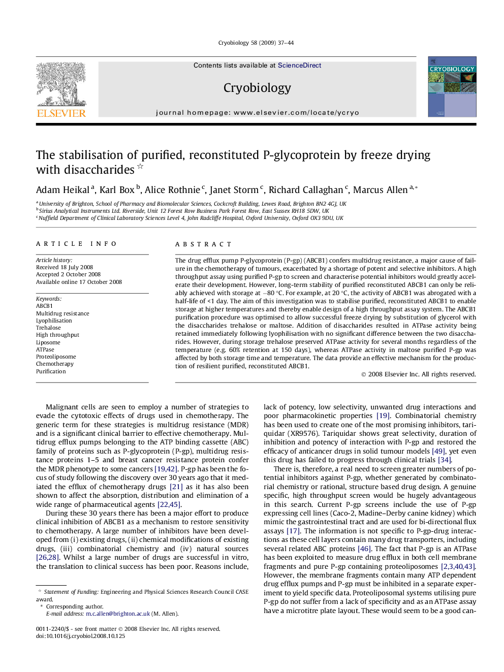 The stabilisation of purified, reconstituted P-glycoprotein by freeze drying with disaccharides 