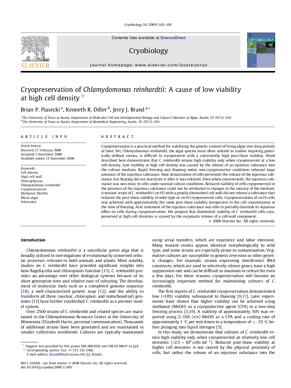 Cryopreservation of Chlamydomonas reinhardtii: A cause of low viability at high cell density 