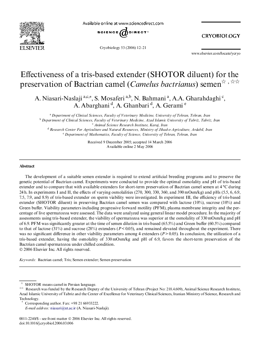 Effectiveness of a tris-based extender (SHOTOR diluent) for the preservation of Bactrian camel (Camelus bactrianus) semen 