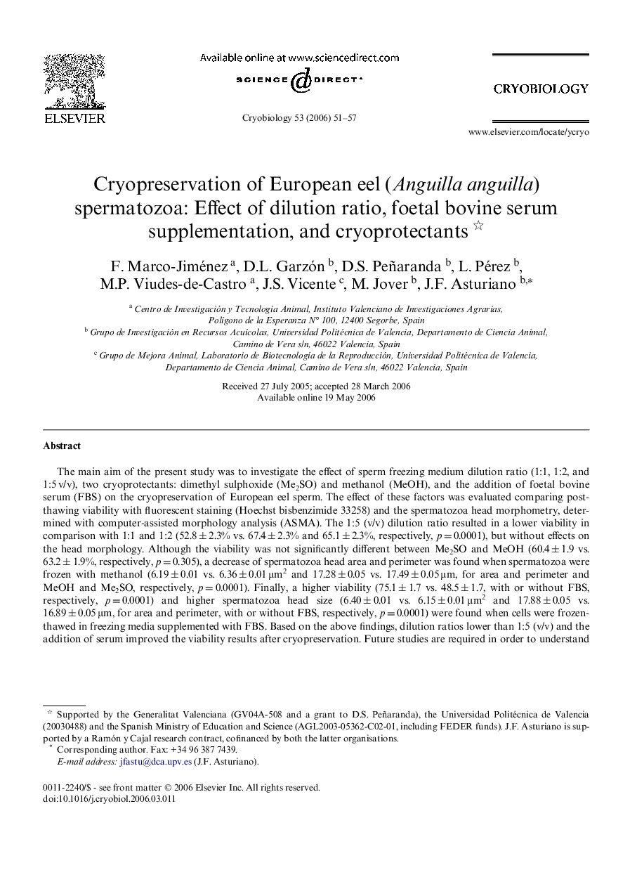 Cryopreservation of European eel (Anguilla anguilla) spermatozoa: Effect of dilution ratio, foetal bovine serum supplementation, and cryoprotectants 