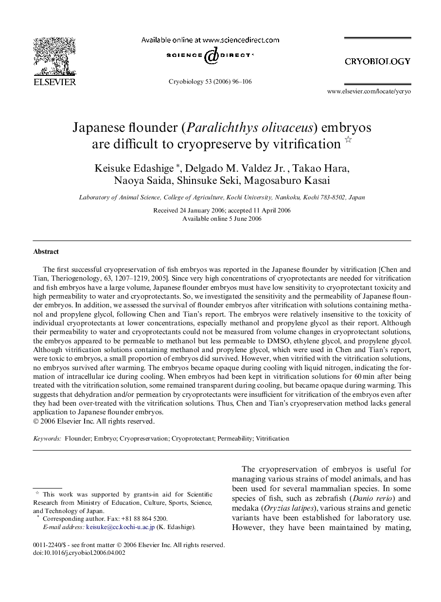 Japanese flounder (Paralichthys olivaceus) embryos are difficult to cryopreserve by vitrification 