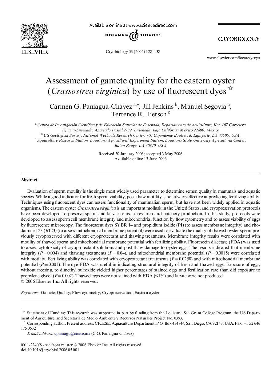 Assessment of gamete quality for the eastern oyster (Crassostrea virginica) by use of fluorescent dyes 