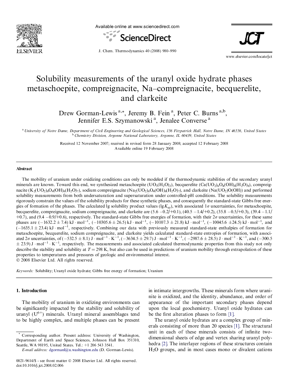 Solubility measurements of the uranyl oxide hydrate phases metaschoepite, compreignacite, Na–compreignacite, becquerelite, and clarkeite