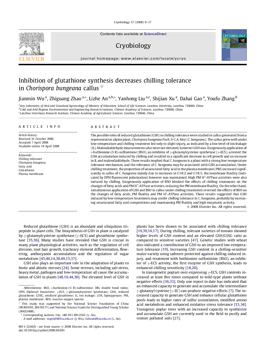 Inhibition of glutathione synthesis decreases chilling tolerance in Chorisporabungeana callus 