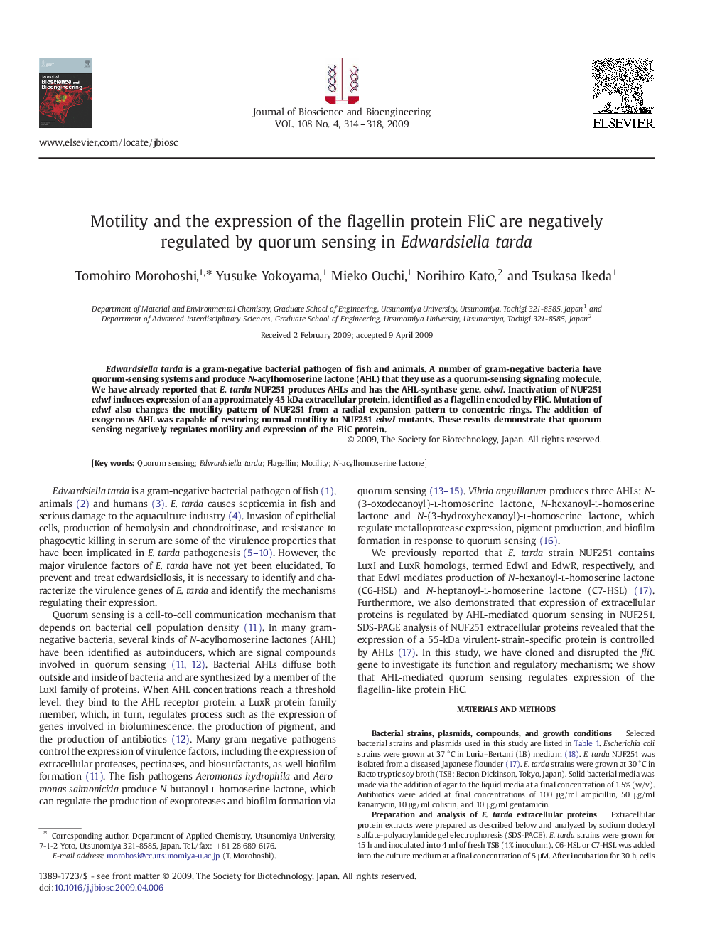 Motility and the expression of the flagellin protein FliC are negatively regulated by quorum sensing in Edwardsiella tarda