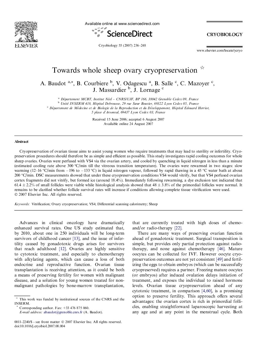 Towards whole sheep ovary cryopreservation 