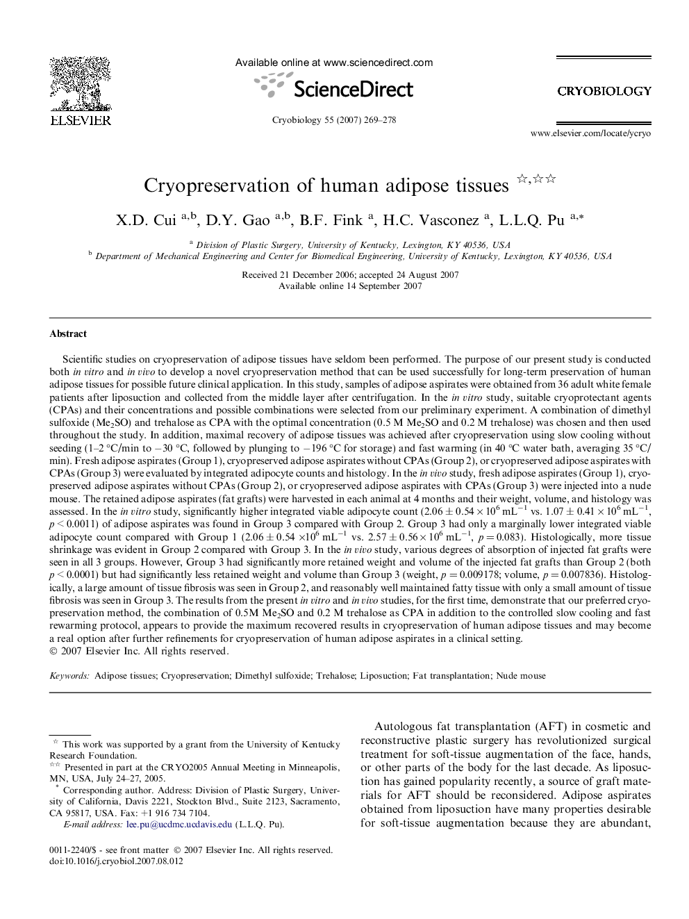 Cryopreservation of human adipose tissues 