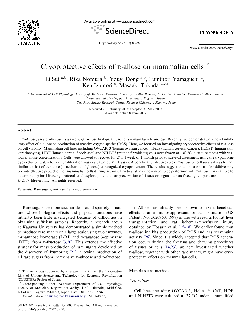 Cryoprotective effects of d-allose on mammalian cells 