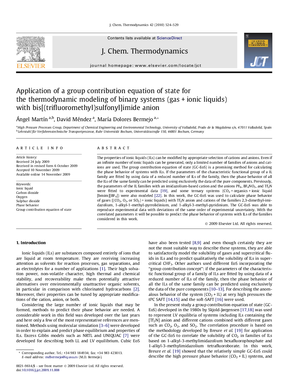 Application of a group contribution equation of state for the thermodynamic modeling of binary systems (gas + ionic liquids) with bis[(trifluoromethyl)sulfonyl]imide anion