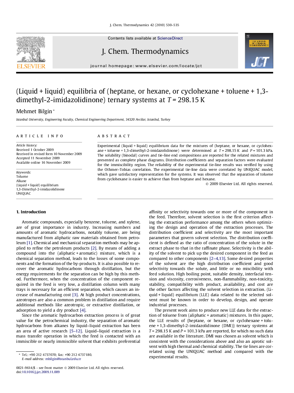 (Liquid + liquid) equilibria of (heptane, or hexane, or cyclohexane + toluene + 1,3-dimethyl-2-imidazolidinone) ternary systems at T = 298.15 K