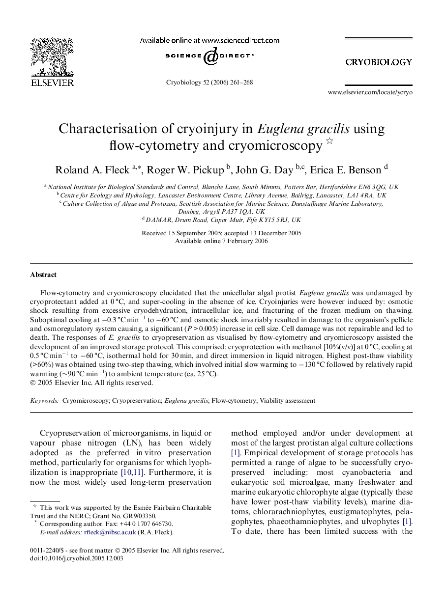 Characterisation of cryoinjury in Euglena gracilis using flow-cytometry and cryomicroscopy 