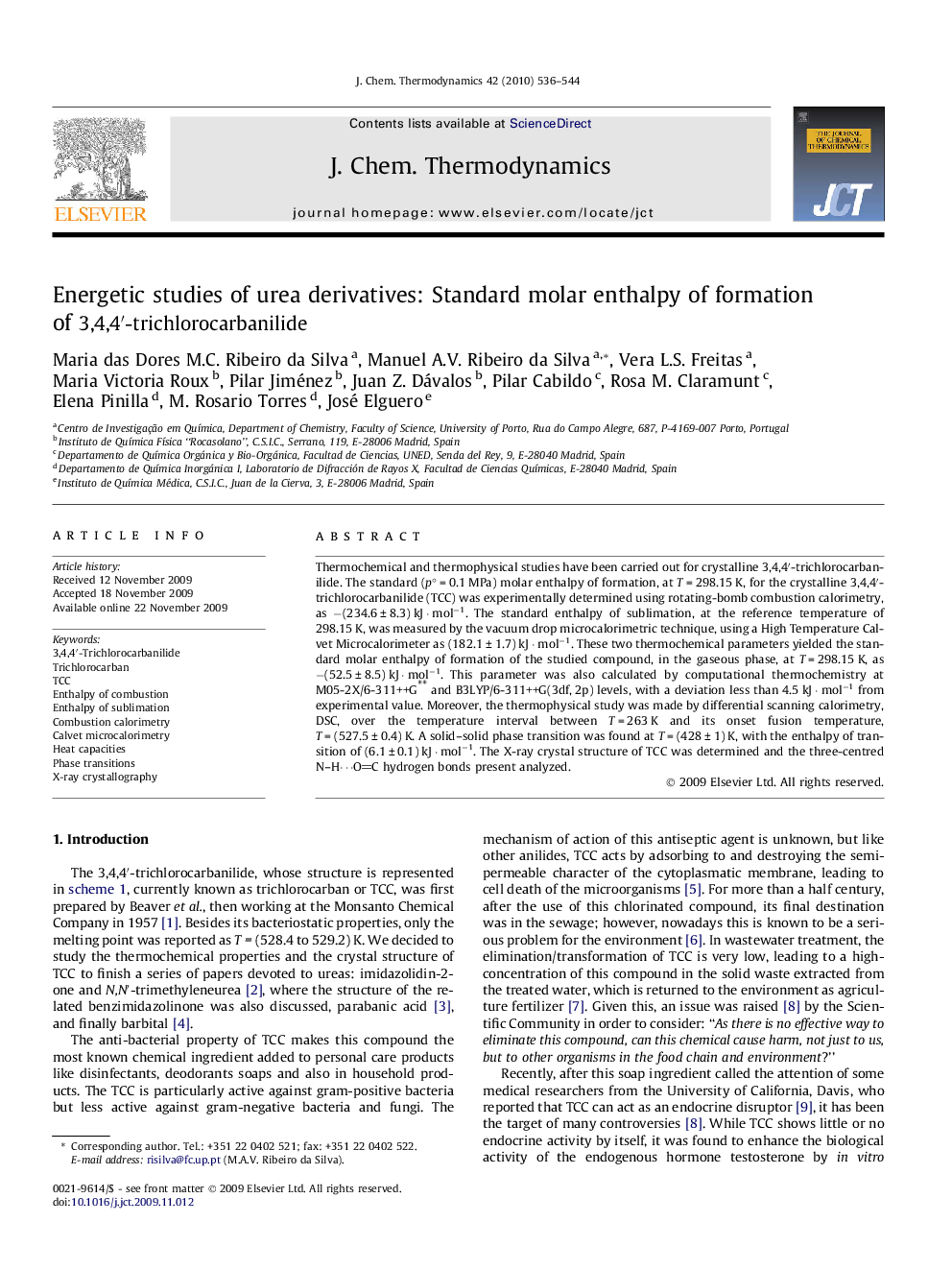 Energetic studies of urea derivatives: Standard molar enthalpy of formation of 3,4,4′-trichlorocarbanilide